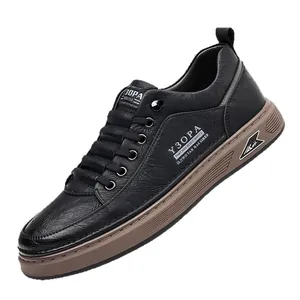Men's retro fashion black leather sneakers shown from a side view with soft breathable texture