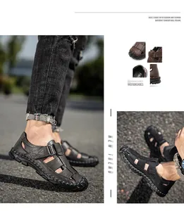 Detail views of men's leather closed-toe summer sandals with breathable hollow out design