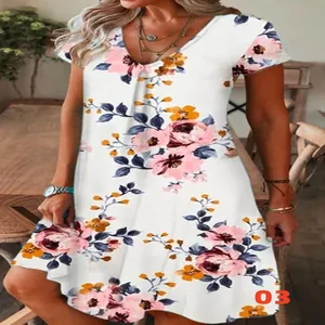 Casual women's short sleeve V-neck floral print summer dress with vibrant 3D floral pattern