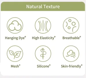 Iconen voor dip-dye, hoge elasticiteit, ademend, mesh, silicone en huidvriendelijke kenmerken.