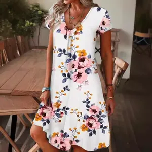 Floral V-neck short sleeve dress for women featuring colorful 3D flower prints