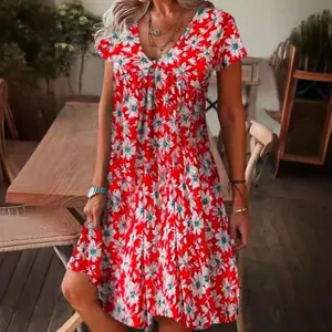 Stylish bohemian red floral print short sleeve V-neck summer dress for women casual wear