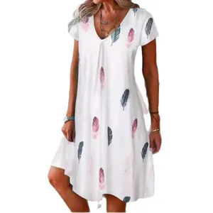 Summer elegant white V-neck short sleeve dress featuring pink and grey feather prints