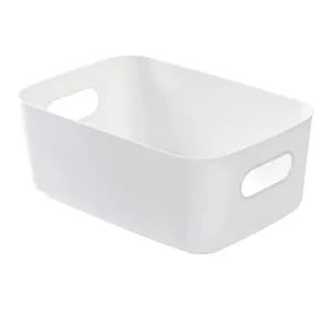Caja de almacenamiento rectangular de plástico blanco con asas para escritorio y cocina