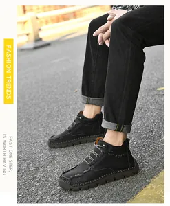 Chaussures de randonnée noires pour hommes cousues main avec semelles antidérapantes