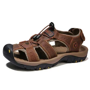 Men's genuine leather outdoor beach sandals in brown with breathable mesh