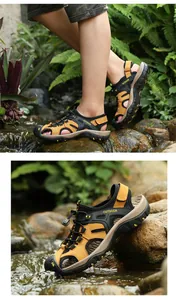 Detailed view of men's closed-toe leather sandals for outdoor hiking and beach use