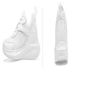 White mesh sneakers with 10cm hidden wedge heel shown from both side and back views