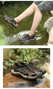 Detailed view of men's breathable leather closed-toe outdoor sports sandals in nature