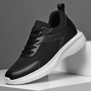 Men's breathable black mesh running shoes with thick elevated white soles
