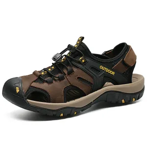 Men's breathable brown leather outdoor closed-toe sport sandals for summer beach hiking