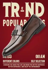 Detail view showing brown leather loafers with metal buckle on a red background
