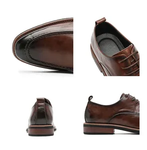 Professional close-up shots of brown leather business shoes showing texture and stitching