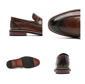 Detailed macro views of brown leather men's loafer shoe showing texture and sole