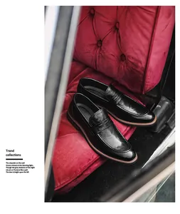 Close-up of elegant black leather loafers on red velvet, British style men's slip-on shoes