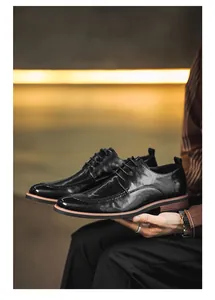 Close-up of men's black business dress shoes with elegant lacing and premium finish