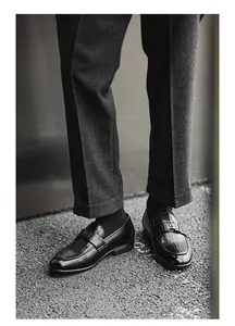 Macro detail of men's black leather loafers with embossed crocodile texture pattern