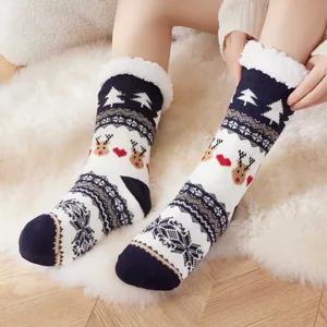 Dames Kerst Vloersokken Winter Fleece Gevoerd Sherpa Slofsokken Warm Rendier Kerstman Sneeuwvlok Patroon Gebreide Slaapsokken