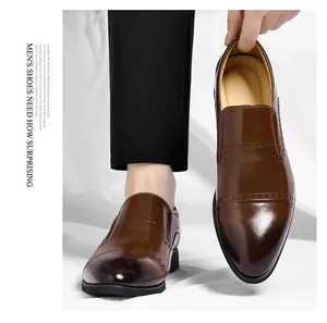 Polished brown men's slip-on formal leather shoes featuring elegant Brogue detail