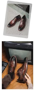 Detailed view of brown leather formal dress shoes in a classic vintage style setting.