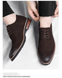 Detailed close-up view of men's dark brown suede brogue shoes with wingtip design