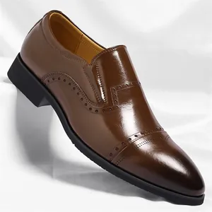 Premium brown leather men's slip-on business dress shoes with British brogue detailing