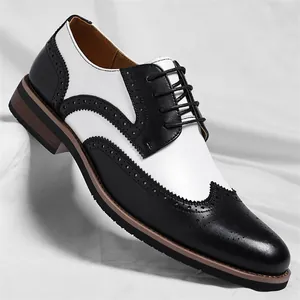 Heren Britse Stijl Brogue Leren Schoenen Wingtip Gesneden Zakelijk Formeel Vetersluiting Spectator Schoenen Ademend