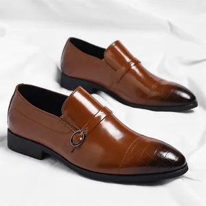 Classic brown men's formal business shoes with crocodile texture detail