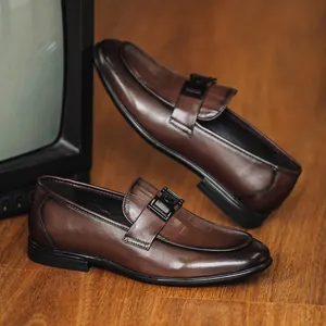 Classic brown leather loafers for men with metal buckle and soft sole for business casual