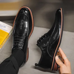 Classic black men's business leather shoes with moc toe detail in large sizes up to 48