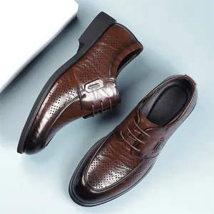 Brown brogue leather dress shoes for men with hand-scratched texture and perforated detail
