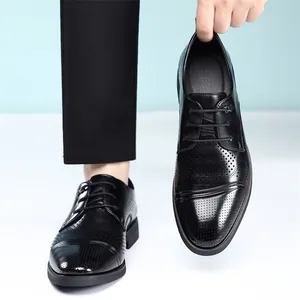 Premium black perforated leather Derby shoes for men, classic business dress style