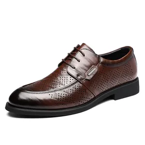 Classic brown perforated leather dress shoes with burnished toe for business casual wear