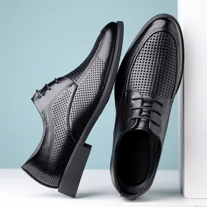 Black hollowed-out business dress shoes for men with breathable perforated design