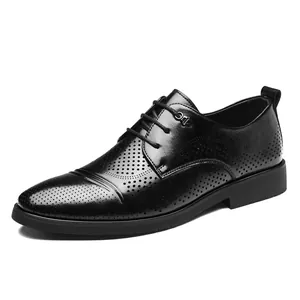 Classic black men's derby dress shoes with breathable laser-cut perforations