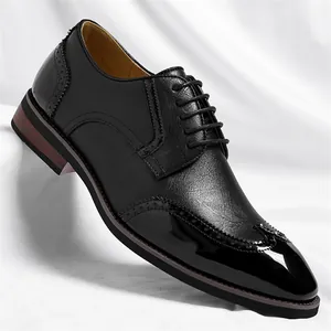 Men Business Brogue Leather Shoes British Style Formal Dress Shoes Height Increasing Perforated Lace-up Oxford Shoes
