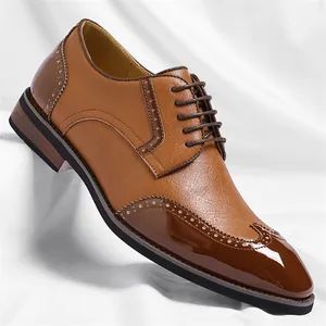 Classic men's two-tone brown brogue leather shoes with elegant wingtip design