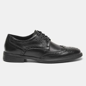 Side view of classic black leather brogue derby shoes with decorative perforations