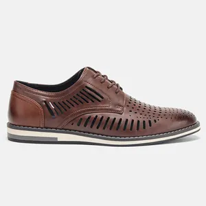 Side profile of brown men's hollow-out leather shoes with breathable laser-cut patterns