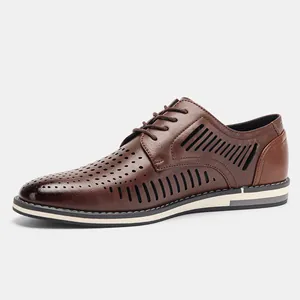 Side view of brown hollow-out breathable men's leather shoes for summer business casual.
