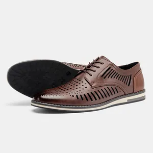 Men British Style Hollow Sandals Breathable PU Leather Shoes Summer Casual Hole Shoes Lace Up Formal Footwear Daily Use