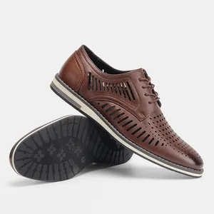 Brown breathable hollowed-out men's leather Oxford shoes with perforated dress design