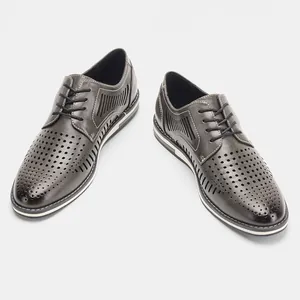 Men's grey breathable hollow-out leather dress shoes with casual British style perforated design