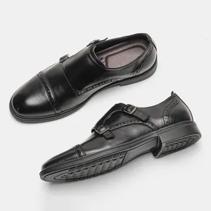 Classic black leather brogue monk strap shoes for formal business and office wear