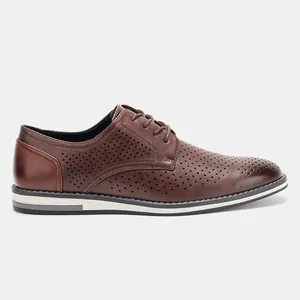Detailed side view of brown breathable men's dress shoes with laser-cut perforations.