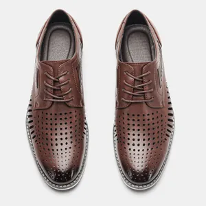 Men's brown leather hollow-out breathable oxford shoes for summer business casual wear