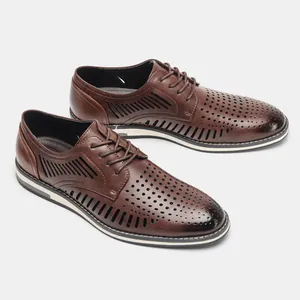 Stylish brown perforated leather casual shoes for men with breathable hollow out design