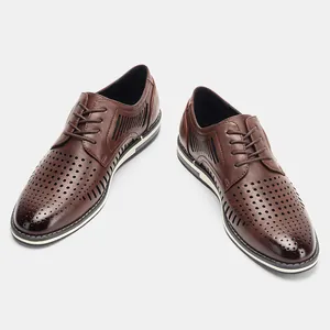 Men's brown perforated leather casual shoes with lace-up design for summer breathability