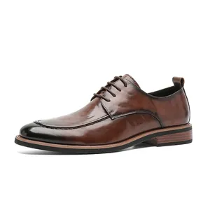 Men's brown leather business formal shoes with polished toe and lace-up closure detail
