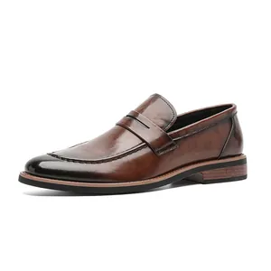Premium classic men's brown leather penny loafers with gradient burnished toe for business wear